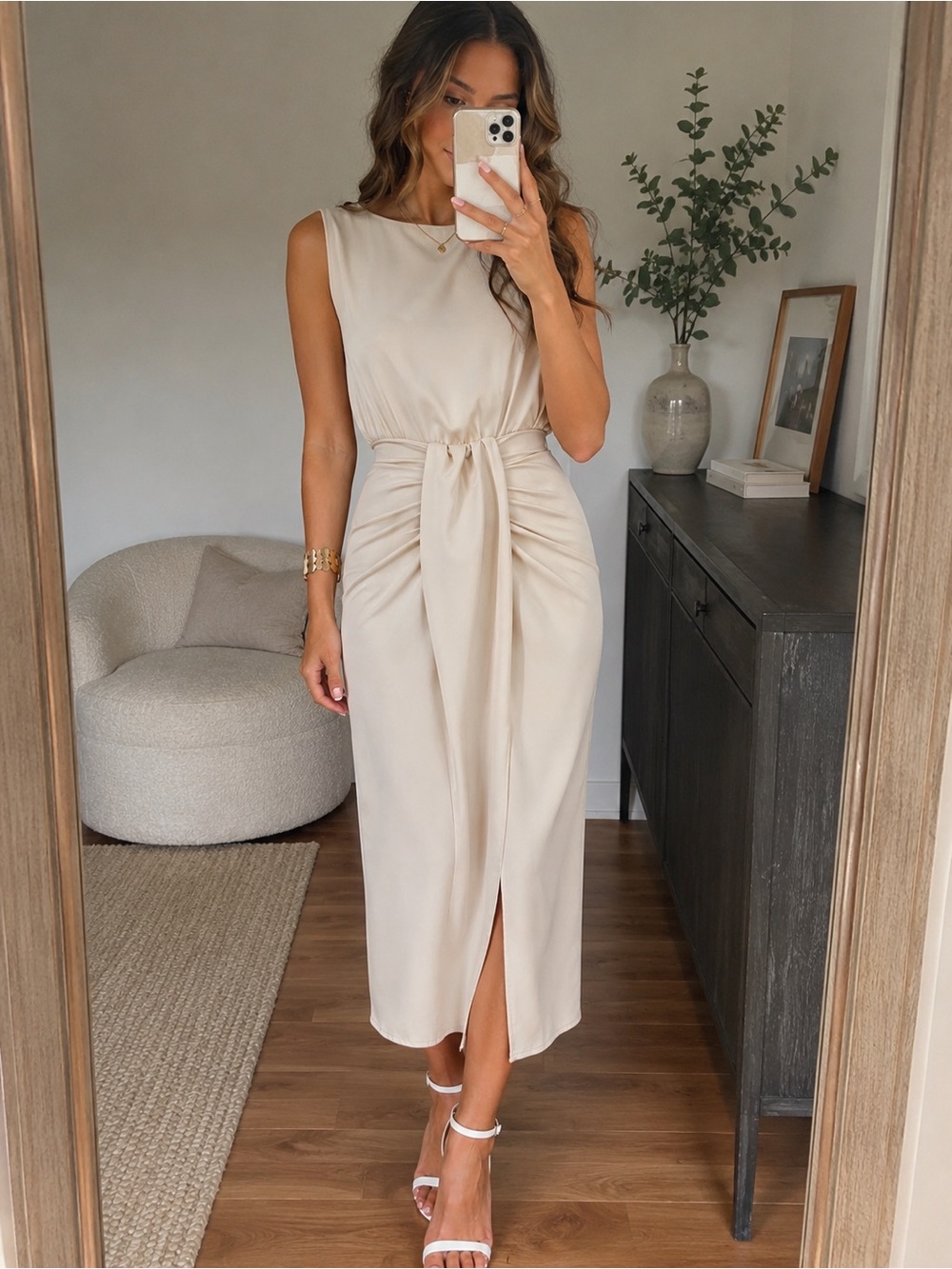 Champagne Ruched Midi Skirt Large Stretch Waist Side Slit